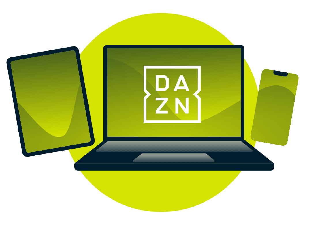DAZNロゴ付きのノートパソコン、タブレット、携帯電話。