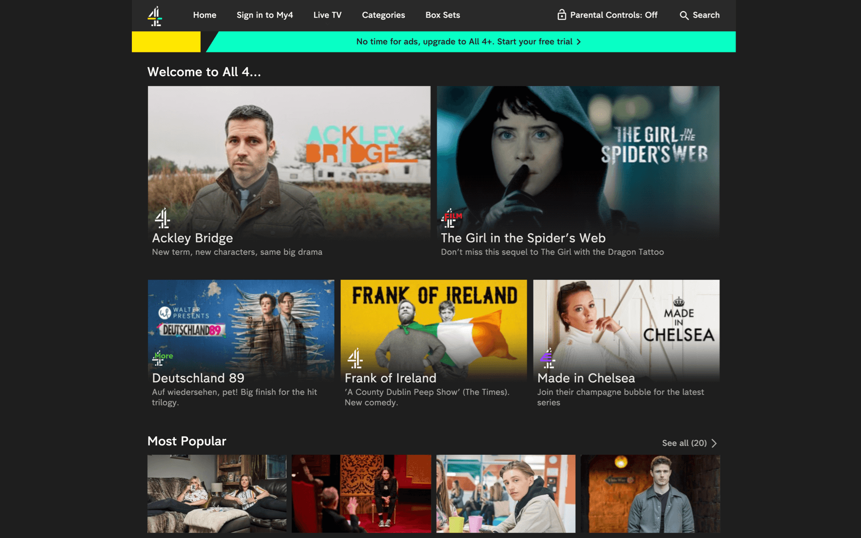 Channel 4 UK All 4アプリのホーム画面と番組